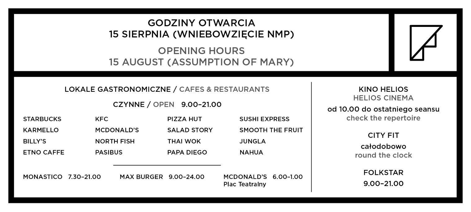 Godziny otwarcia lokali w dniu 15.08.2020